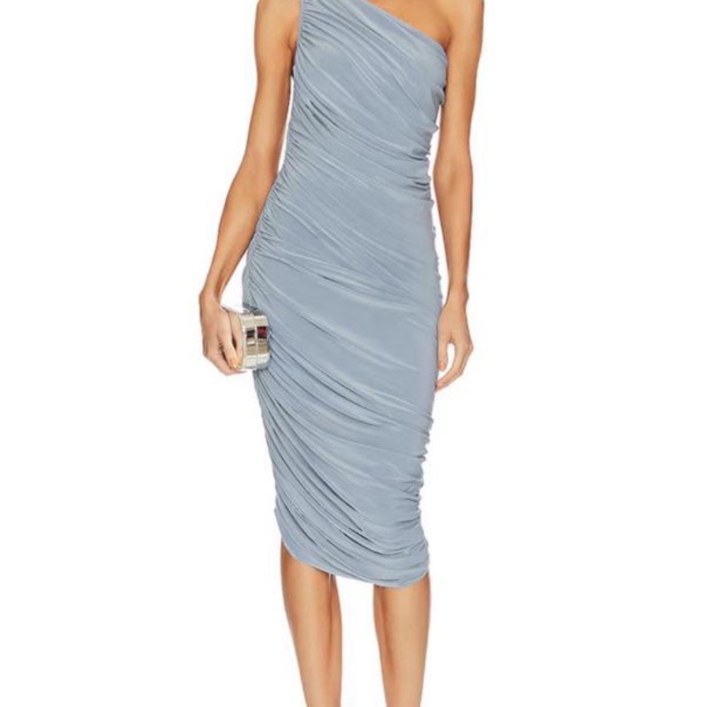 Norma Kamali One-Shoulder Ruched Midi Dress in Dusty Blue
